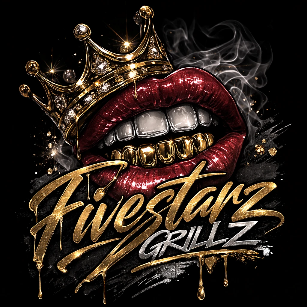 FiveStarzGrillz logo: glossy red lips wearing gold bottom grillz under a jeweled gold crown
